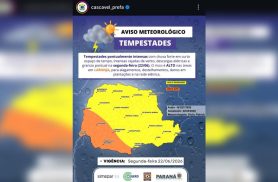 Defesa Civil emite alerta de risco alto para tempestade em Cascavel