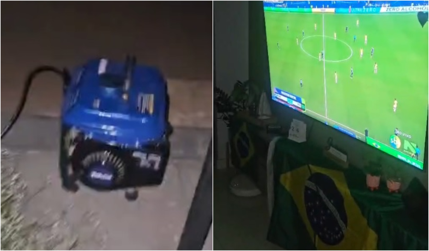 Moradores do bairro Tropical III usam gerador para assistir jogo do Brasil durante apagão