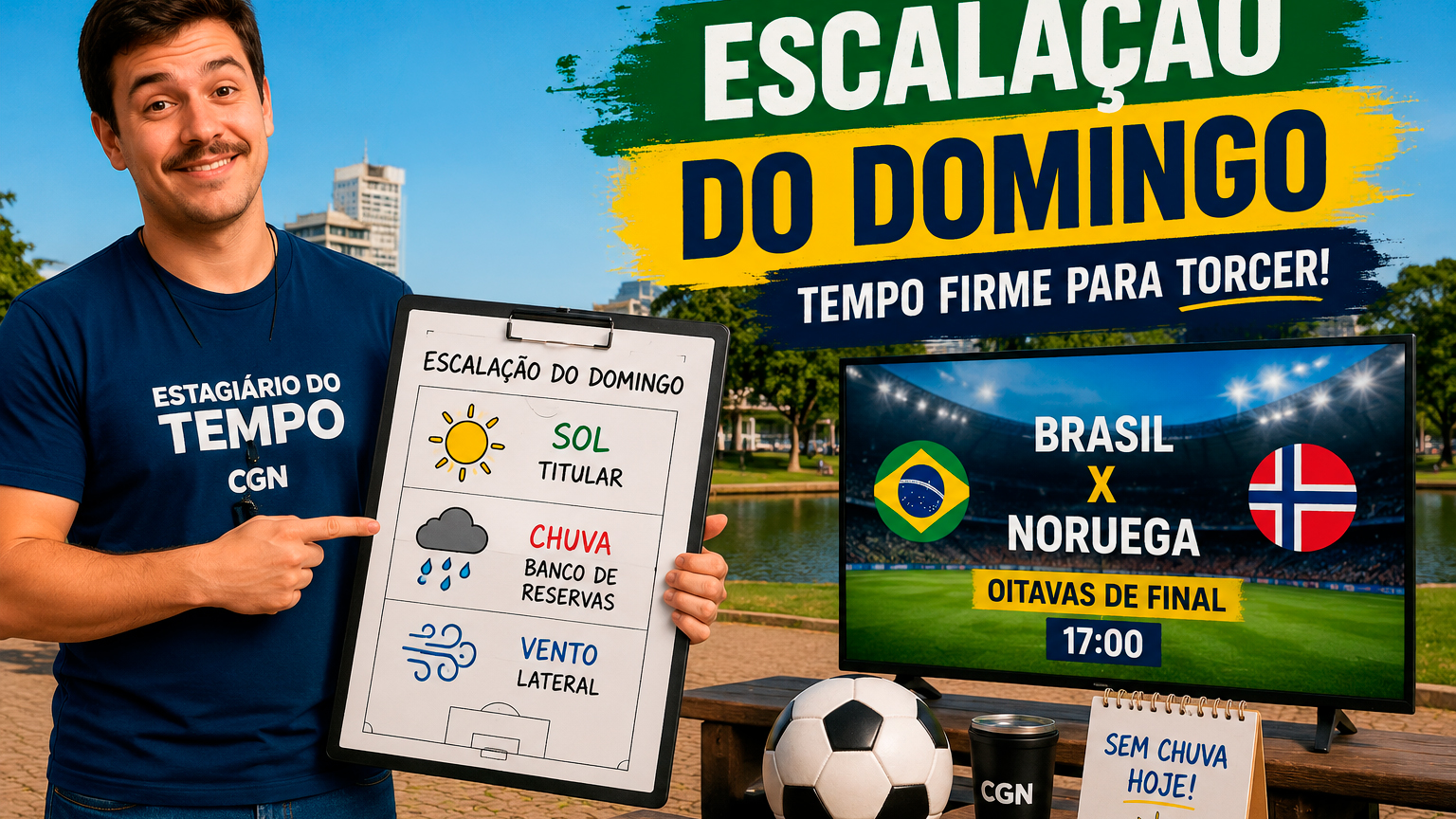 Imagem referente a Sol, temperatura agradável e Brasil x Noruega: domingo promete