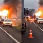 Imagem relativa a Caminhão-cegonha com aproximadamente 10 carros pega fogo na BR-277