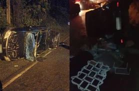 Carro com roupas de mulher e fotos de criança é abandonado após capotamento na Rodovia da Uva