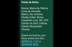 Foi perdido bolsa com documentos de Maria de Fátima no bairro Santo Antônio