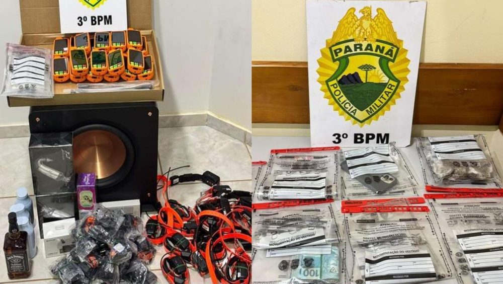 PM apreende drogas e produtos de descaminho na PR-562 e causa prejuízo de R$ 150 mil ao crime Imagem referente a PM apreende drogas e produtos de descaminho na PR-562 e causa prejuízo de R$ 150 mil ao crime