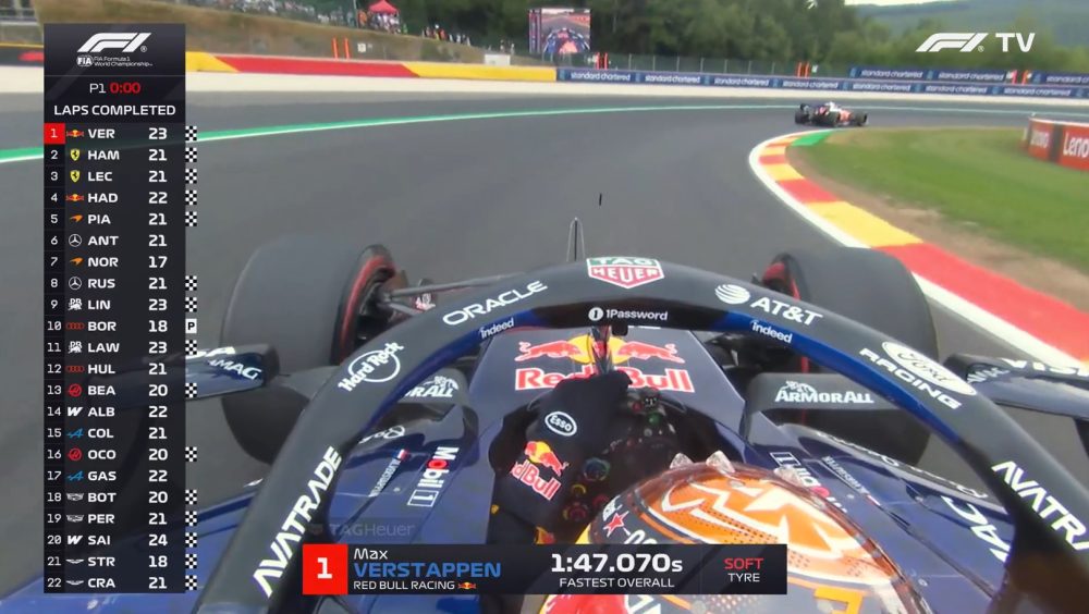 Verstappen lidera primeiro treino livre do GP da Bélgica; Hamilton e Leclerc completam o top 3 Imagem referente a Verstappen lidera primeiro treino livre do GP da Bélgica; Hamilton e Leclerc completam o top 3