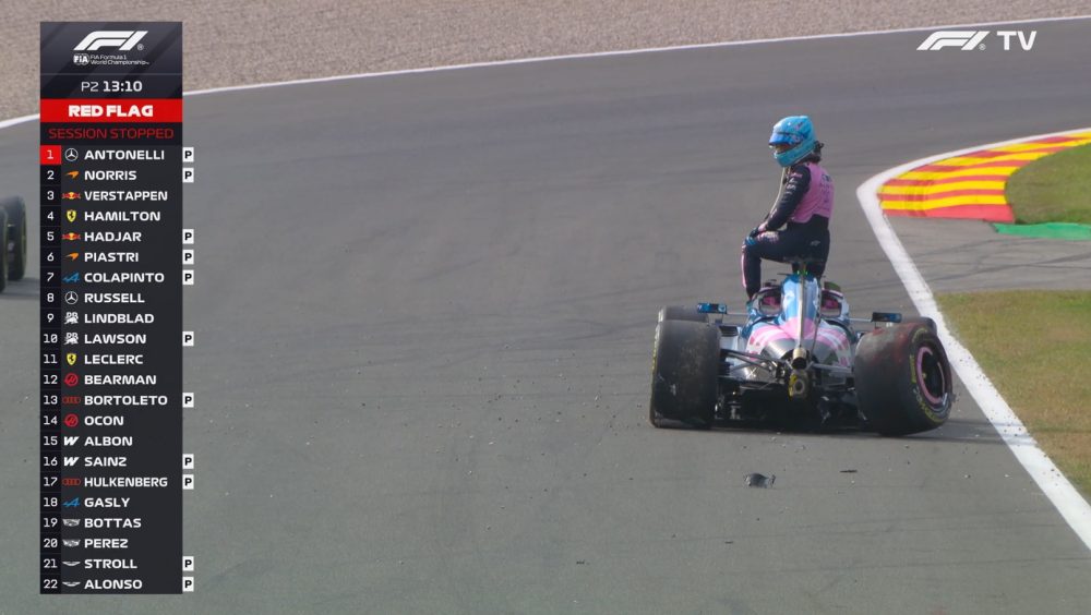 Antonelli lidere segundo treino livre do GP da Bélgica marcado por forte acidente de Gasly Imagem referente a Antonelli lidere segundo treino livre do GP da Bélgica marcado por forte acidente de Gasly