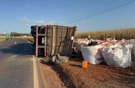 Caminhão de milho tombado há horas interdita parcialmente a BR-163