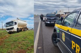 Caminhão carregado com ração bate na traseira de Hilux na BR-277, em Cascavel Caminhão carregado com ração bate na traseira de Hilux na BR-277, em Cascavel