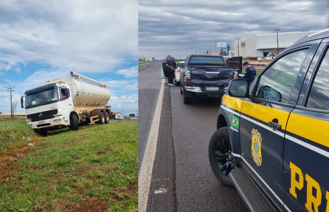 Caminhão carregado com ração bate na traseira de Hilux na BR-277, em Cascavel