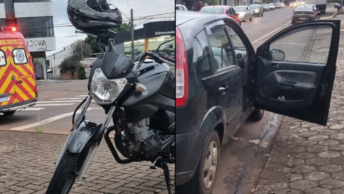 Pancada de moto em porta aberta de carro deixa mulher no chão no São Cristóvão