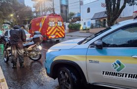 Galho de árvore cai na pista e provoca acidente com motociclista em Cascavel