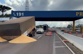 Semirreboque se desprende de bitrem e espalha carga de milho na BR-277, em Cascavel