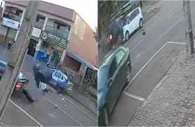 Câmeras registram momento em que motociclista é arremessado para o alto em grave acidente no Santa Cruz