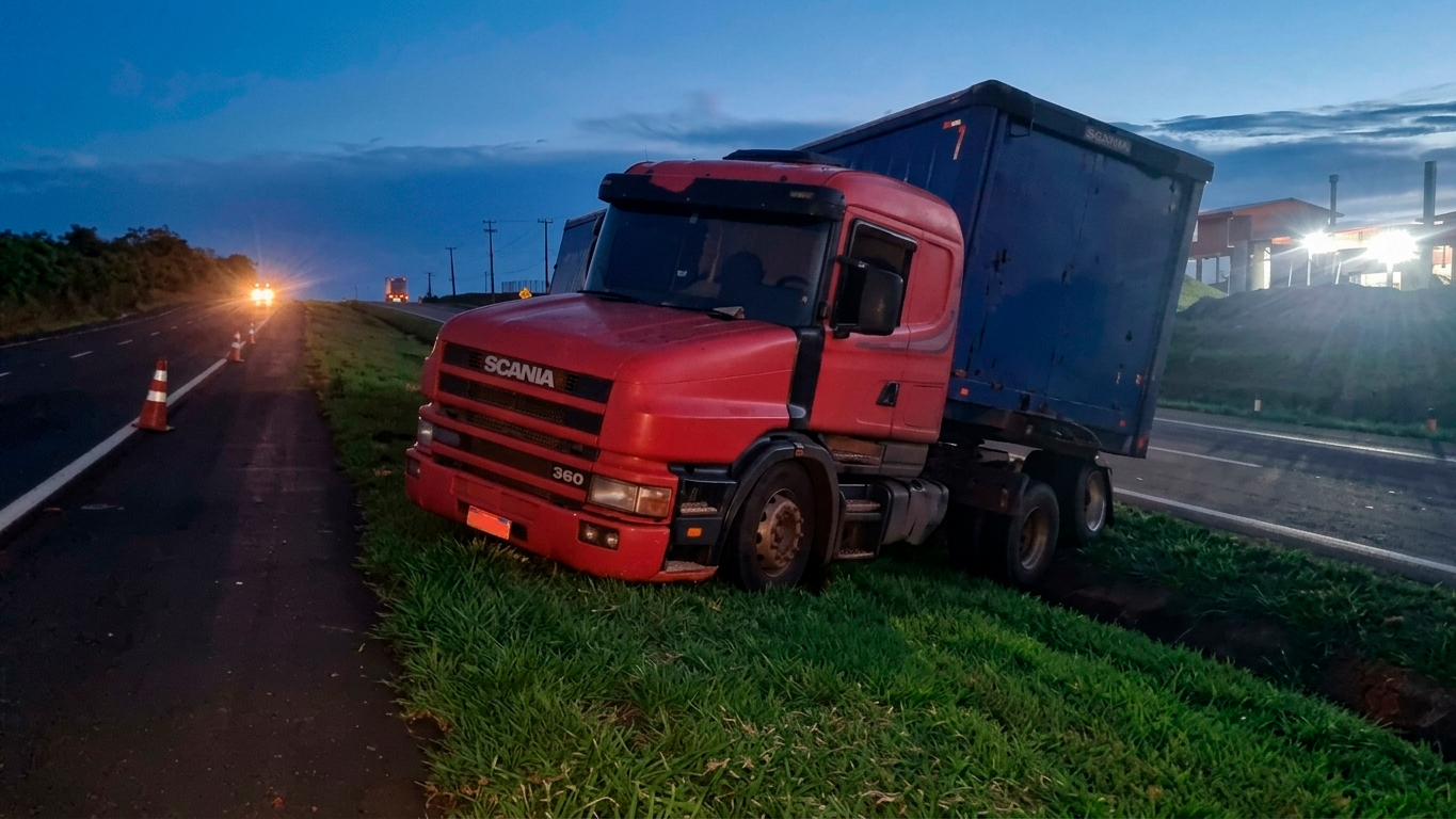 Scania sai da pista e para no canteiro central da BR-163