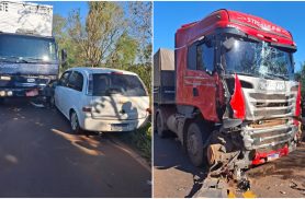 Batida entre caminhões e carro deixa mulher ferida na PR-182