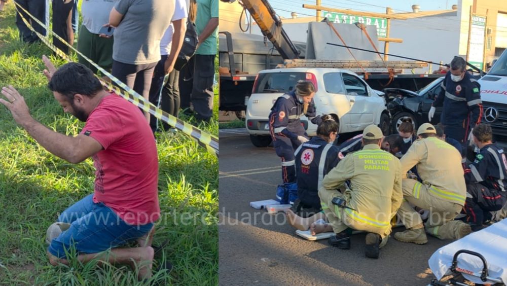 Homem se ajoelha e reza enquanto socorristas tentam salvar motociclista após grave acidente Imagem referente a Homem se ajoelha e reza enquanto socorristas tentam salvar motociclista após grave acidente