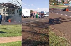 Vídeos mostram moto em chamas e atendimento a motociclista ferido em grave acidente na BR-277