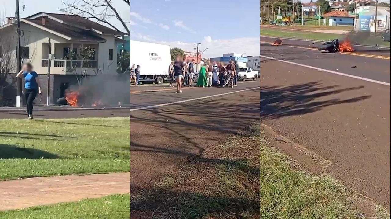 Vídeos mostram moto em chamas e atendimento a motociclista ferido em grave acidente na BR-277