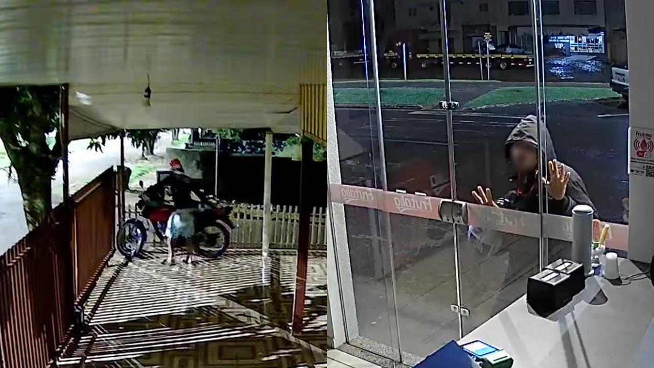 Câmeras mostram homem furtando moto e usando veículo em furto a comércio horas depois