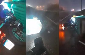 Imagens mostram motociclista após ser atingida por banheiro químico