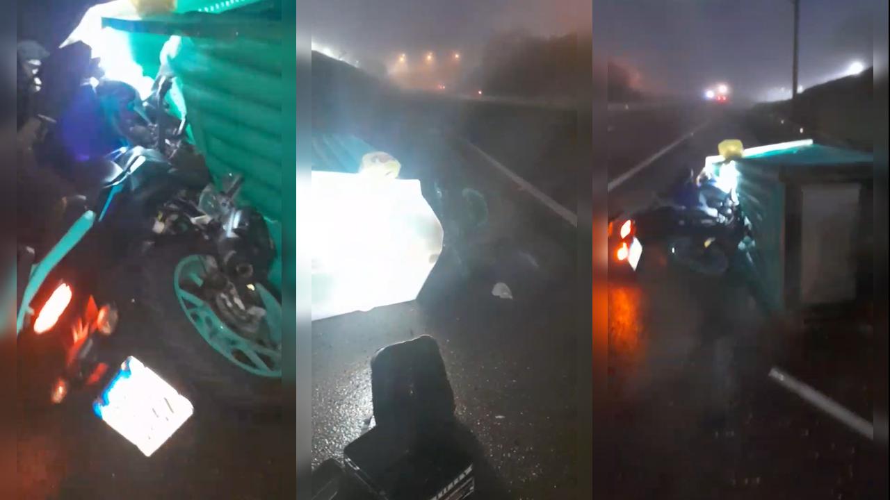 Imagens mostram acidente logo após motociclista ser atingida por banheiro químico na PRc-467