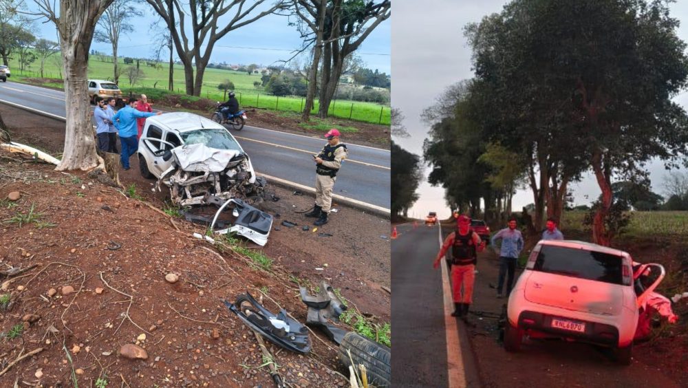 Uno bate em árvores antes de ser atingido por caminhão com placas de Cascavel na PR-182 Imagem referente a Uno bate em árvores antes de ser atingido por caminhão com placas de Cascavel na PR-182