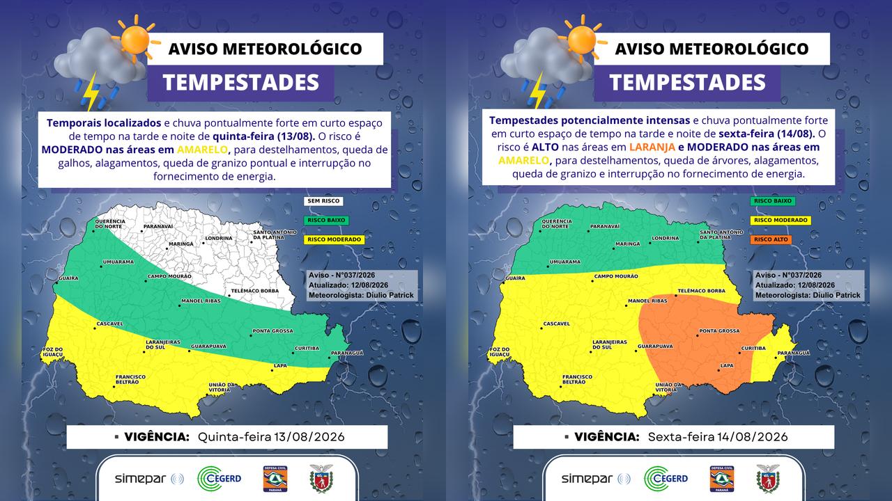 Imagem referente a Simepar alerta para tempestades no Paraná na quinta e sexta-feira