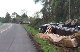 Caminhão carregado com piso laminado tomba na BR-153 em Mallet