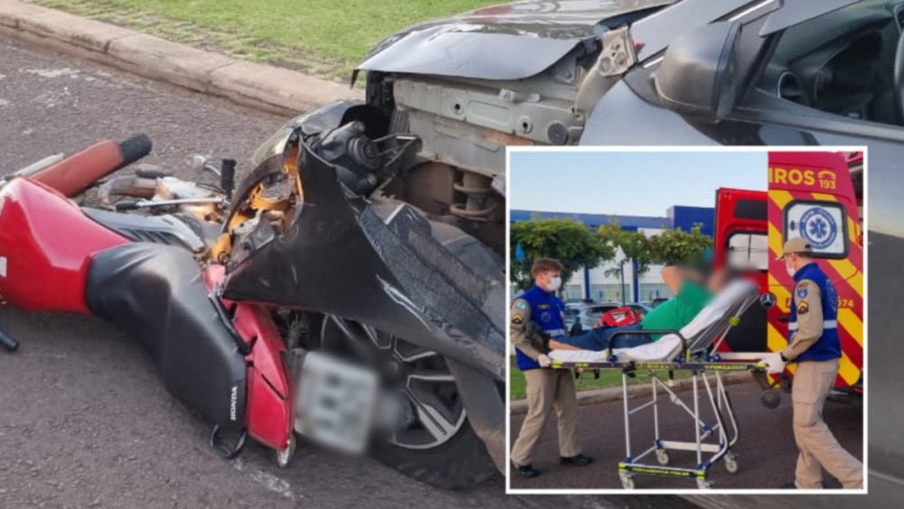 Forte colisão entre moto e carro deixa vítima em frente ao Clube Tuiuti Imagem referente a Forte colisão entre moto e carro deixa vítima em frente ao Clube Tuiuti