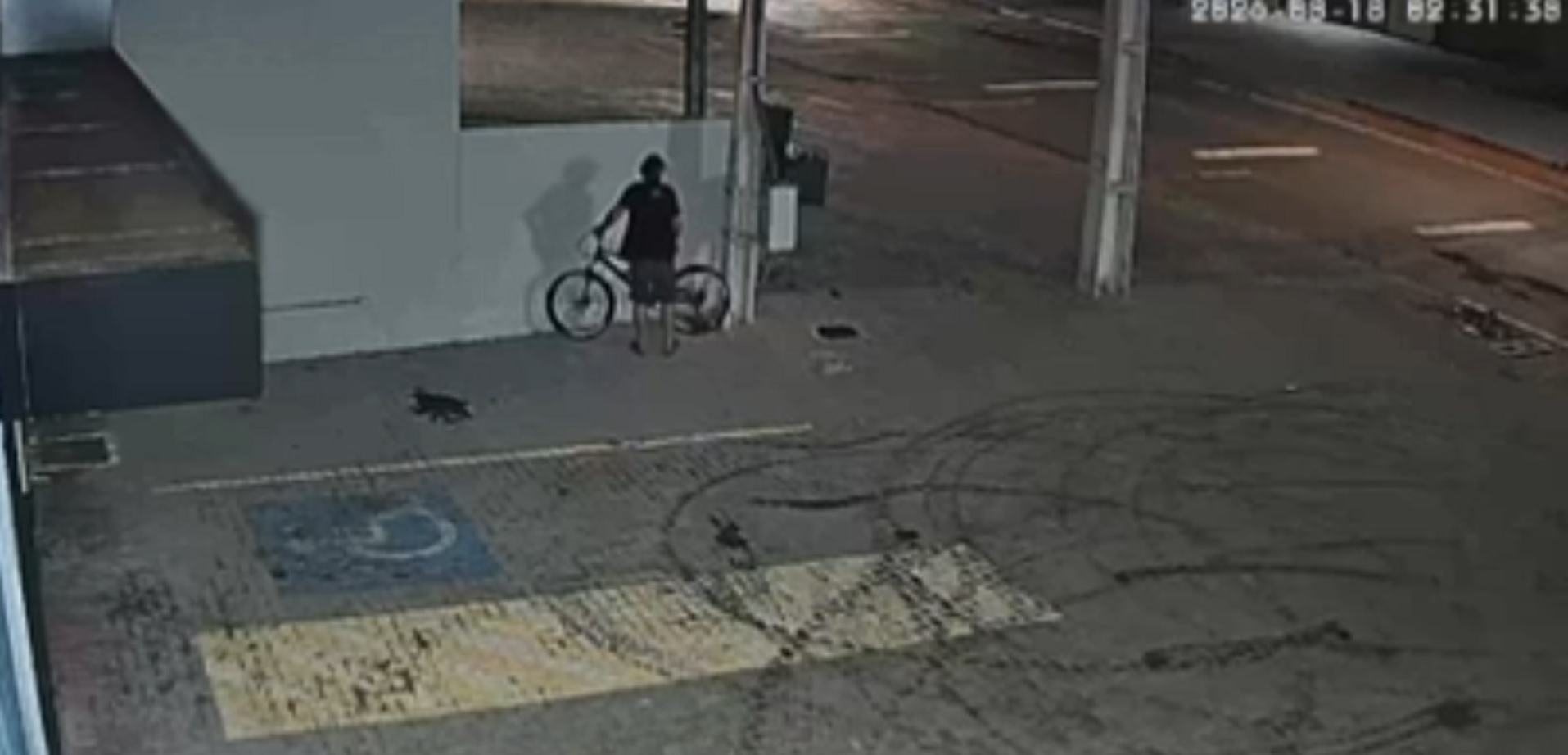Câmera flagra homem de bicicleta furtando fiação de centro automotivo em Cascavel