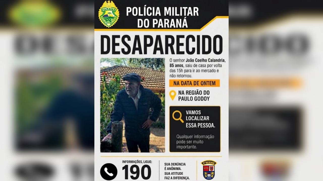 Imagem referente a Prefeitura e PM reforçam pedido de ajuda para localizar idoso desaparecido em Cascavel