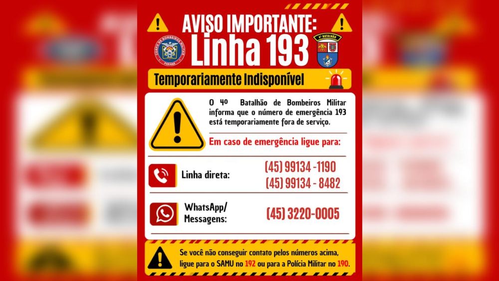 Corpo de Bombeiros de Cascavel segue com telefones inoperantes Imagem referente a Corpo de Bombeiros de Cascavel segue com telefones inoperantes