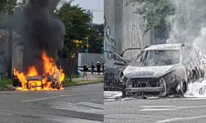 Carro incendiado assusta moradores após explosões no bairro Parolin, em Curitiba Imagem referente a Carro incendiado assusta moradores após explosões no bairro Parolin, em Curitiba