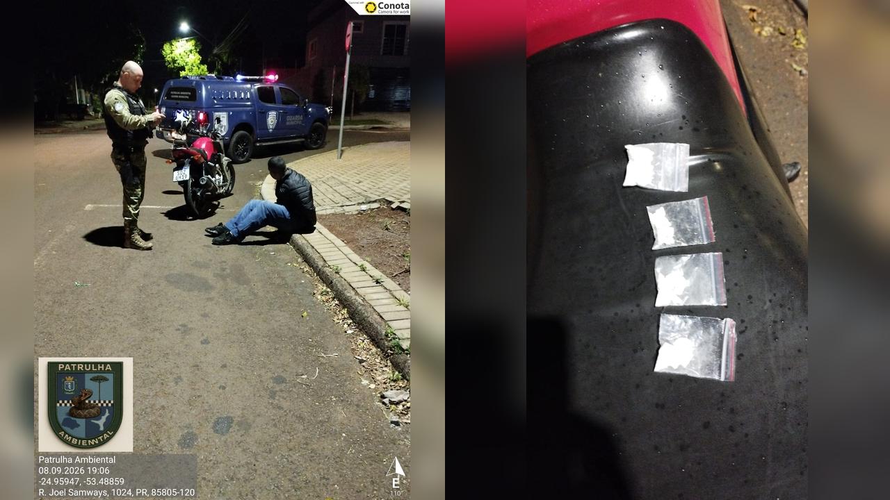 Motociclista ‘fura’ sinal na frente da Guarda Municipal, tenta fugir e acaba preso com drogas em Cascavel