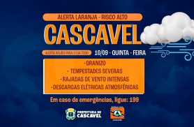 Alerta laranja indica risco alto de tempestade em Cascavel nesta quinta-feira