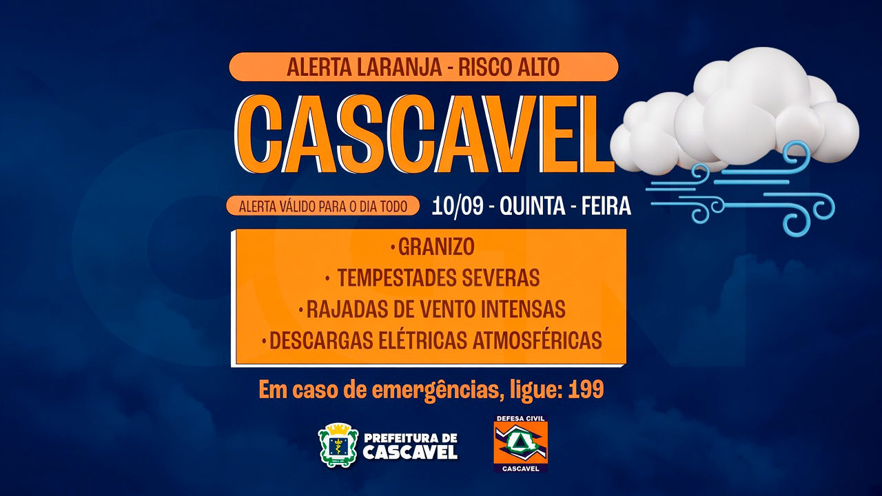 Imagem referente a Alerta laranja indica risco alto de tempestade em Cascavel nesta quinta-feira