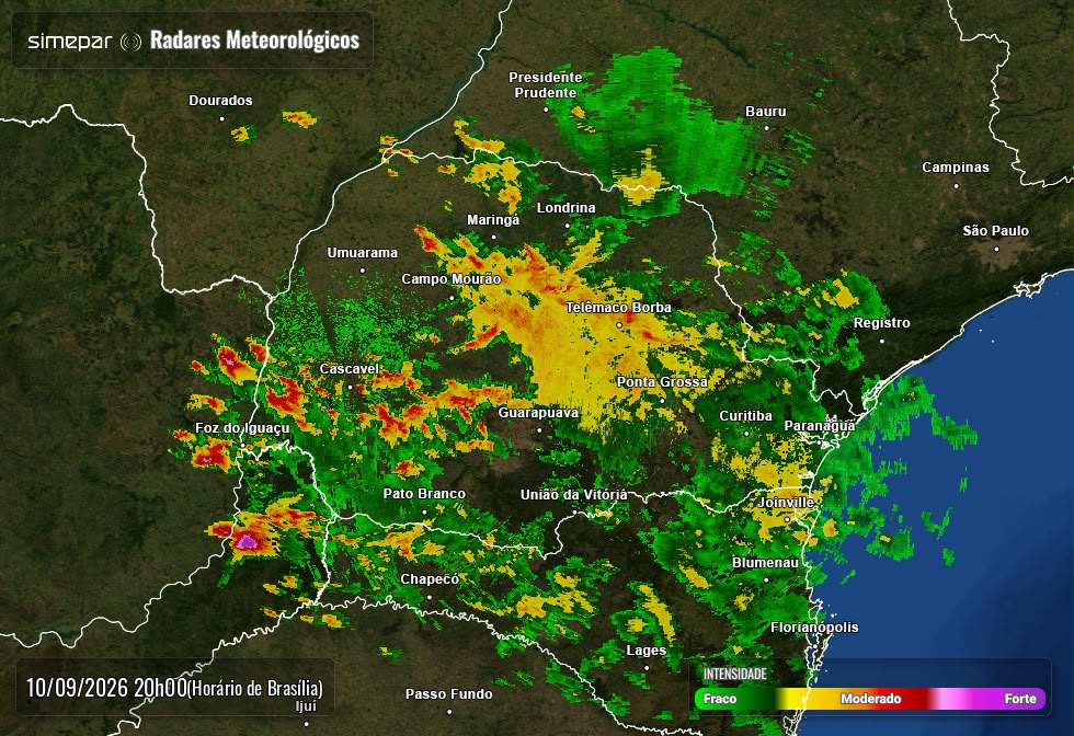 Imagem referente a ALERTA CONTINUA: Temporal avança pelo Paraná e radar mostra áreas de chuva forte próximas de Cascavel
