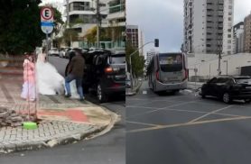 Até que a canaleta os separe: Noiva tenta cruzar via de Ligeirinho e ganha 'teste de fogo' antes do altar