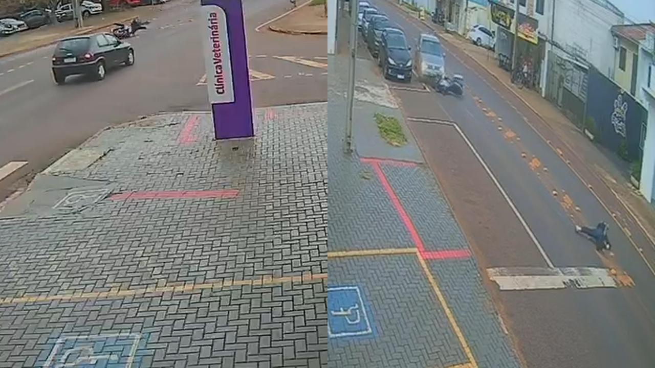 Veja o momento em que motociclista atropela cachorro e colide contra Golf na Avenida Tito Muffato
