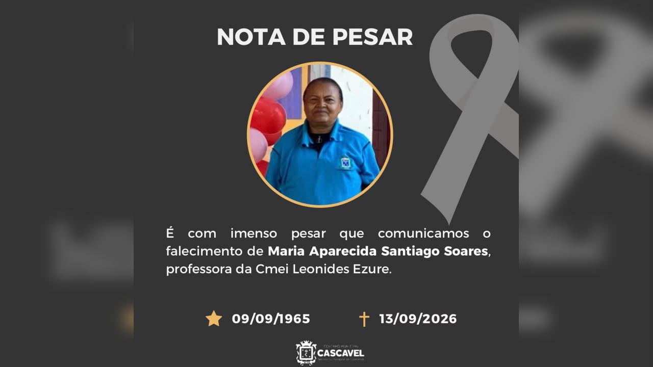 Prefeitura de Cascavel lamenta morte da professora Maria Aparecida Santiago Soares Imagem referente a Prefeitura de Cascavel lamenta morte da professora Maria Aparecida Santiago Soares