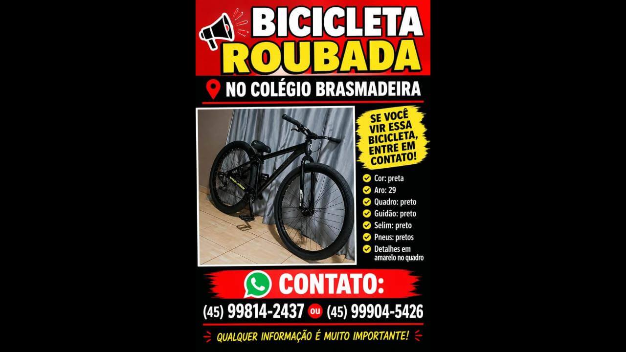 Imagem referente a Foi perdido uma placa de Bicicleta furtada no bairro Brasmadeira