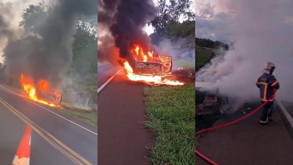 Caminhonete pega fogo na rodovia BR-163; ocupantes saem ilesos Imagem referente a Caminhonete pega fogo na rodovia BR-163; ocupantes saem ilesos