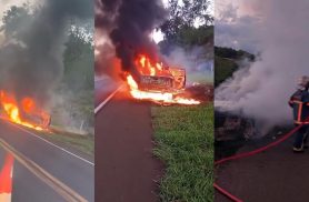 Caminhonete pega fogo na rodovia BR-163; ocupantes saem ilesos