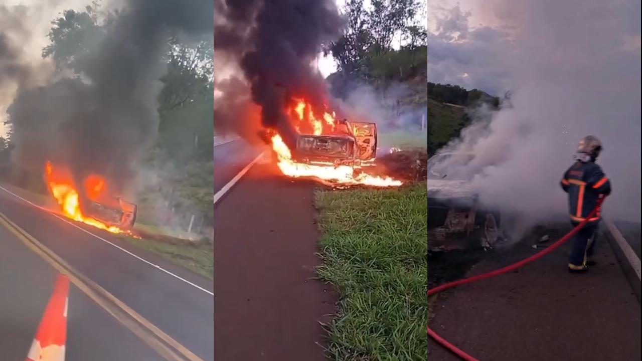 Caminhonete pega fogo na rodovia BR-163; ocupantes saem ilesos Imagem referente a Caminhonete pega fogo na rodovia BR-163; ocupantes saem ilesos