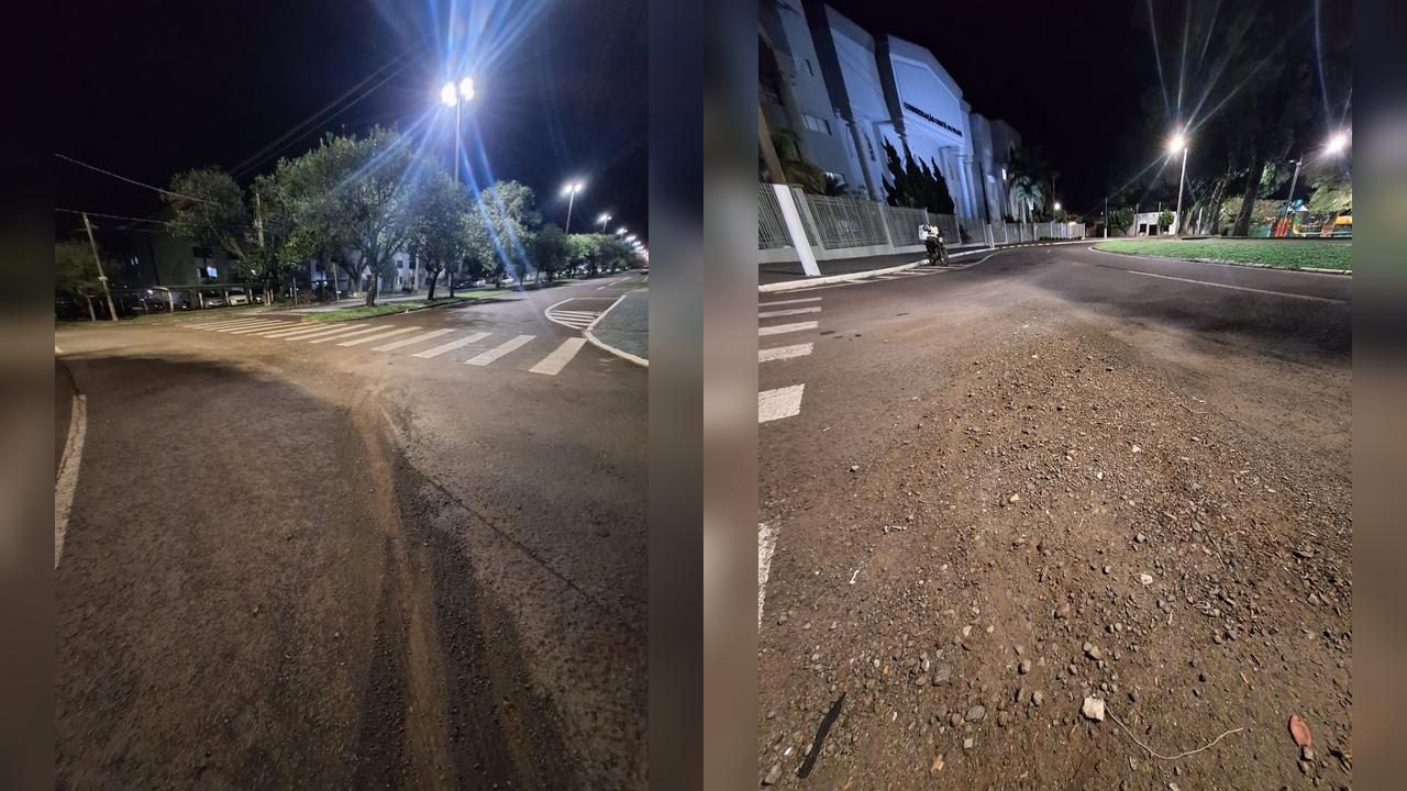Trânsito em Cascavel: motociclista alerta para pedras soltas na Avenida Toledo, em Cascavel Imagem referente a Trânsito em Cascavel: motociclista alerta para pedras soltas na Avenida Toledo, em Cascavel