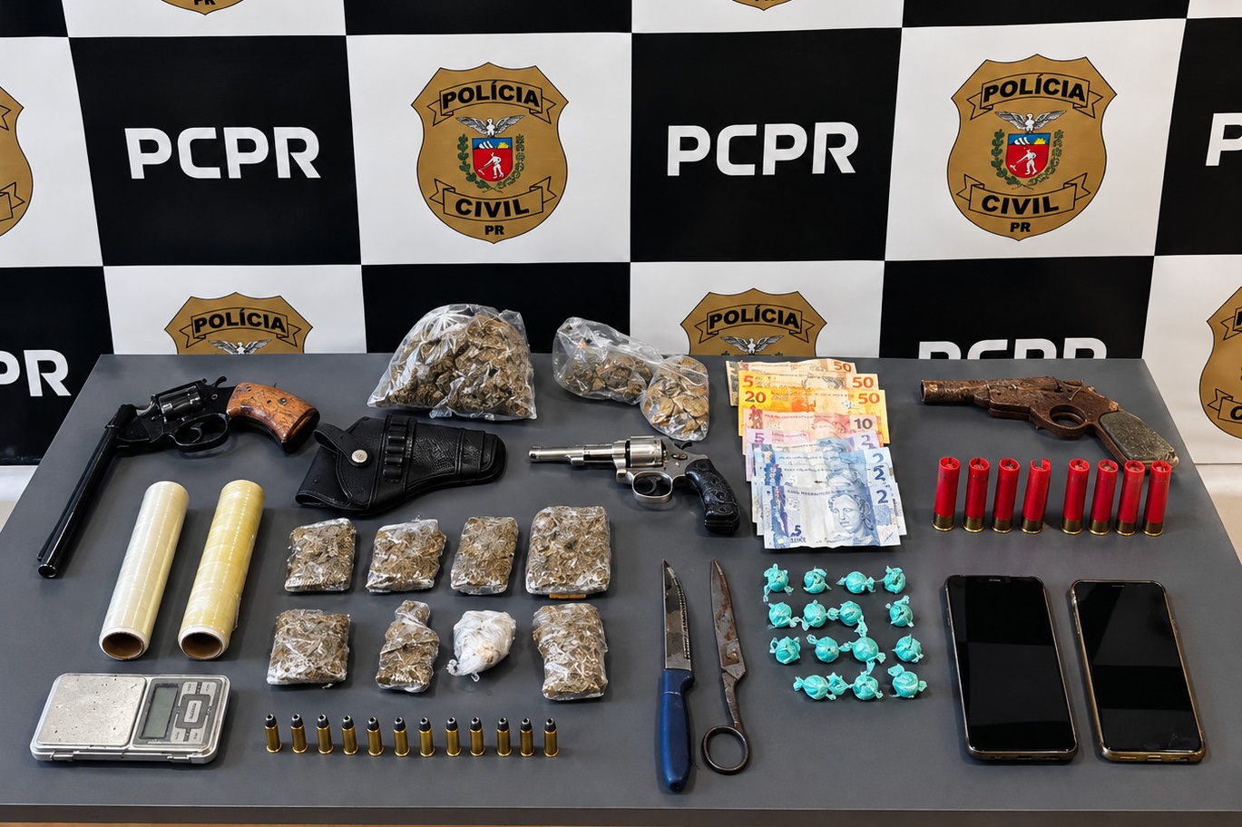 PCPR e PMPR prendem três pessoas e apreendem armas, munições e drogas em Rio Negro Imagem referente a PCPR e PMPR prendem três pessoas e apreendem armas, munições e drogas em Rio Negro