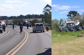 Grave acidente entre caminhões deixa uma pessoa morta e outra presa às ferragens na BR-476