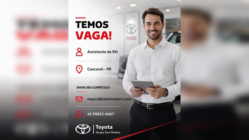 Toyota do Grupo Zeni Motors abre vaga para Assistente de RH em Cascavel Imagem referente a Toyota do Grupo Zeni Motors abre vaga para Assistente de RH em Cascavel