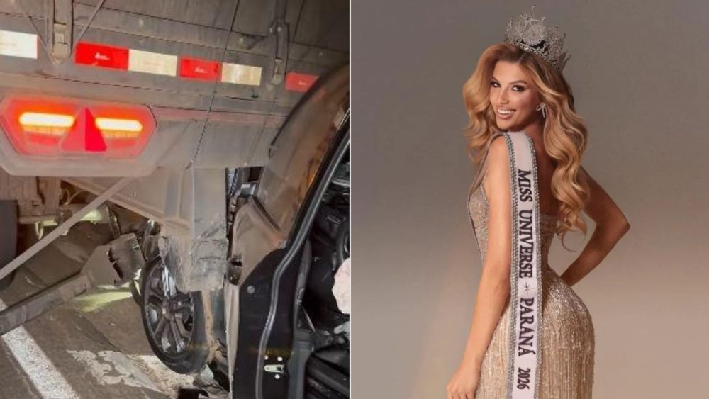 Imagem referente a Miss Universo Paraná, Jéssica Krein, fica ferida após colisão com carreta na PR-323, em Paiçandu