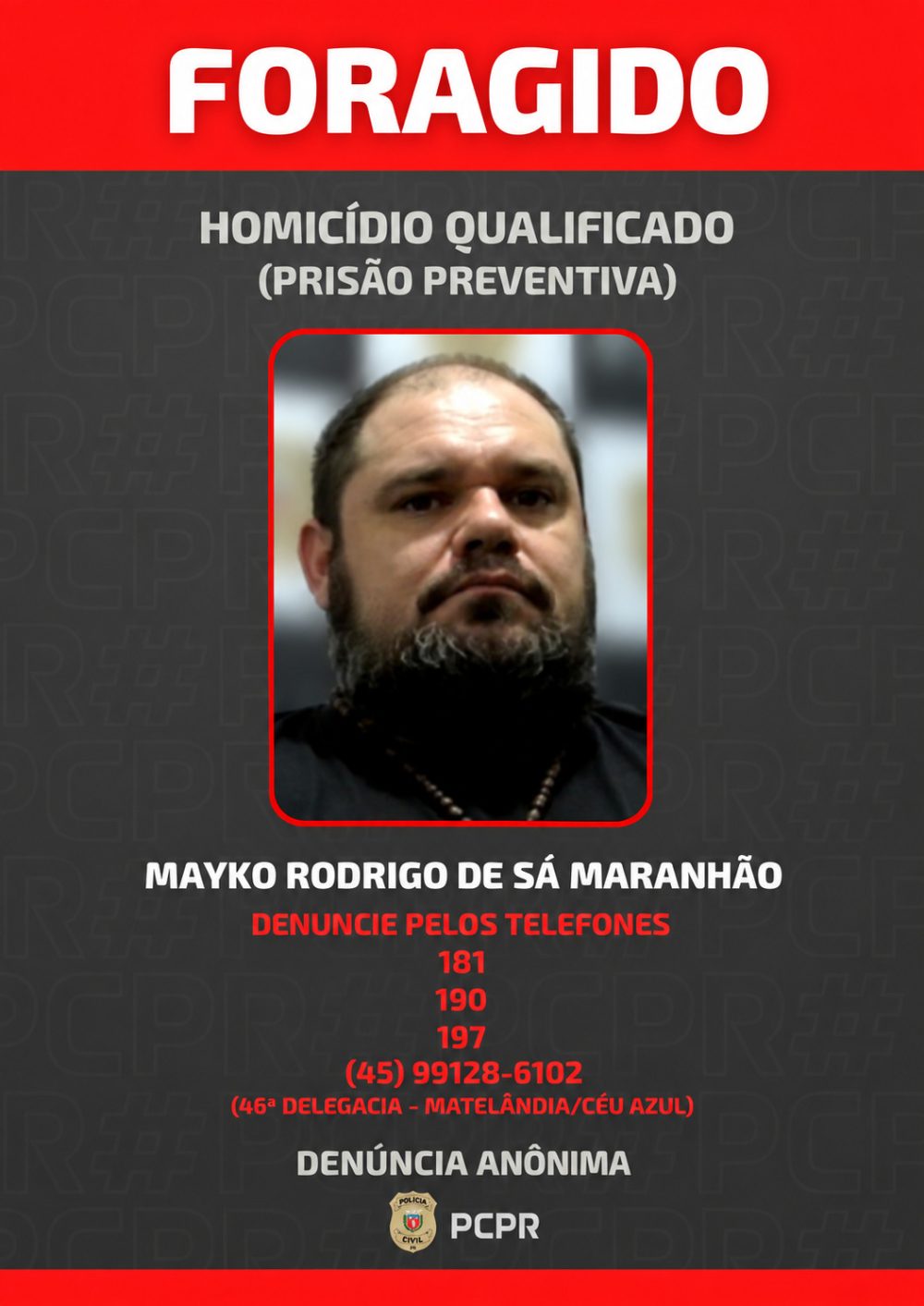 Imagem referente a PCPR divulga foto de homem foragido investigado por homicídio em Céu Azul