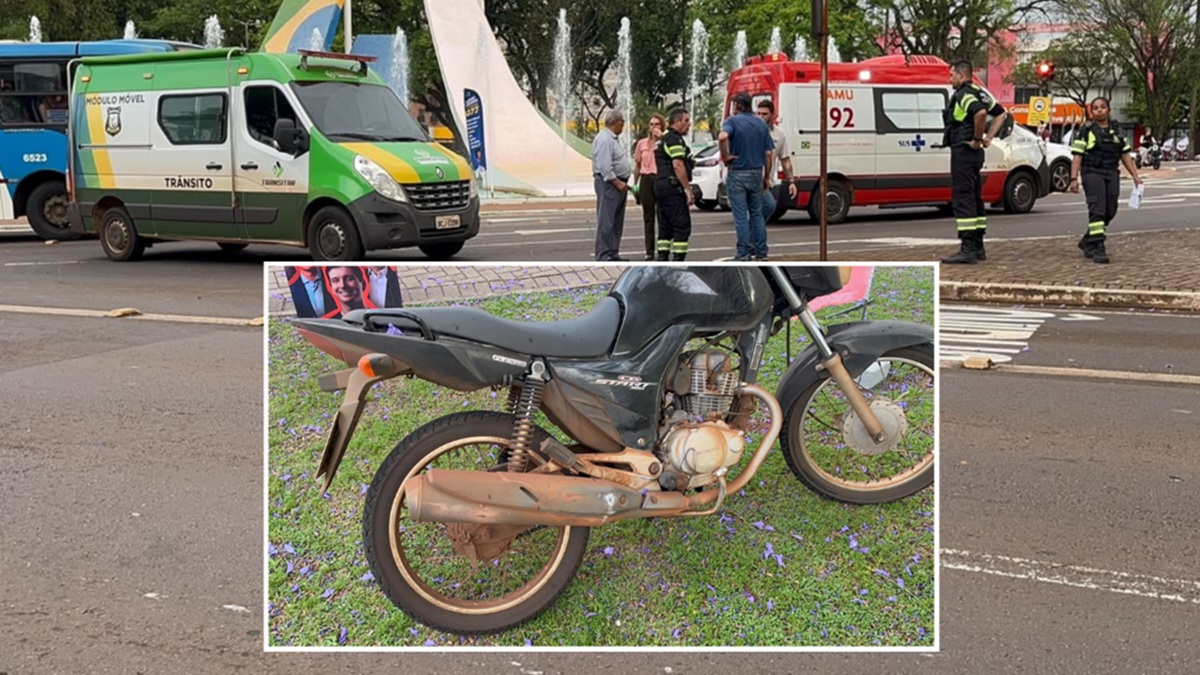Moto fica destruída após colisão com ônibus no Centro de Cascavel; jovem fica ferido
